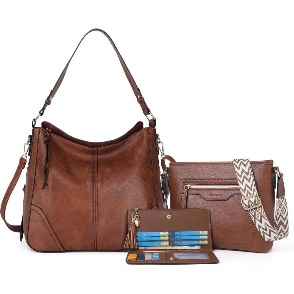Women’s Brown 3PCS PU Leather Purses Set Crossbody Wallet & Hobo Tote Bag